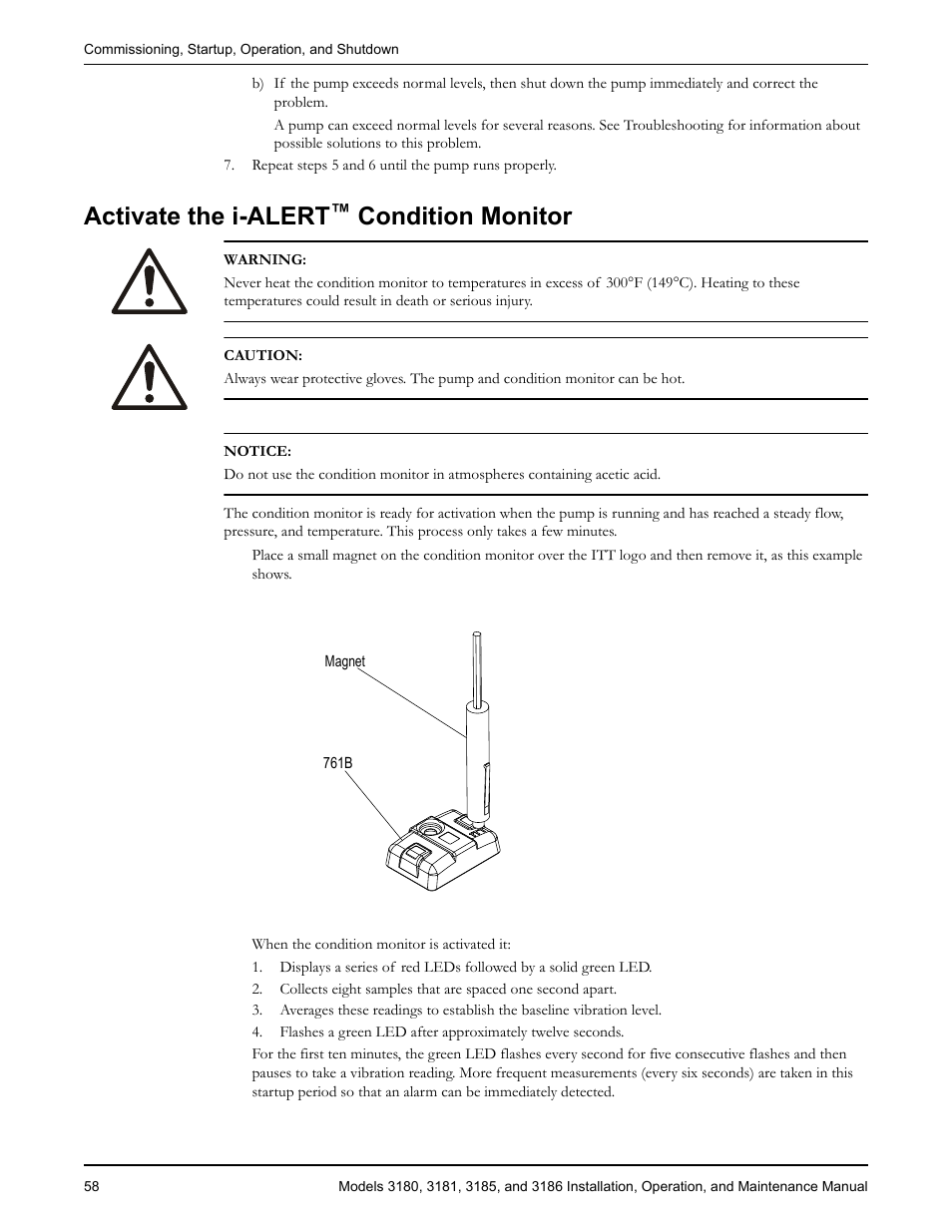 Activate the i-alert™ condition monitor, Activate the i-alert, Condition monitor | Goulds Pumps 3180-86 - IOM User Manual | Page 60 / 158