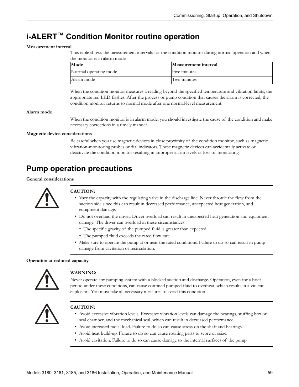 I-alert™ condition monitor routine operation, Pump operation precautions, I-alert | Condition monitor routine operation | Goulds Pumps 3180-86 - IOM User Manual | Page 61 / 158
