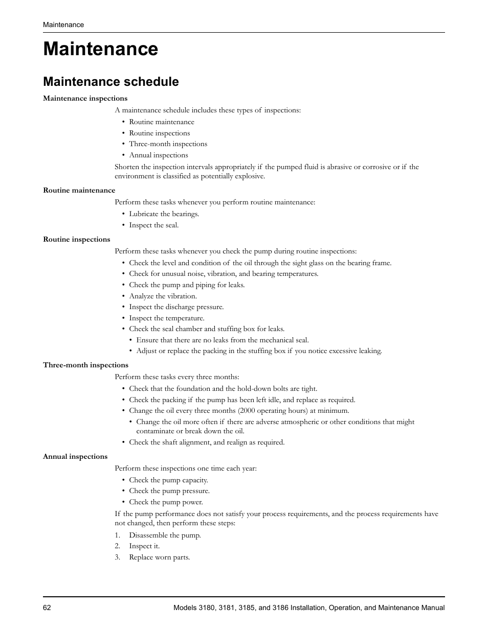 Maintenance, Maintenance schedule | Goulds Pumps 3180-86 - IOM User Manual | Page 64 / 158