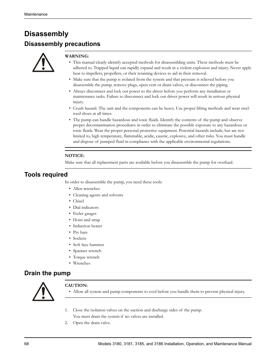 Disassembly, Disassembly precautions, Tools required | Drain the pump, Ools required drain the pump | Goulds Pumps 3180-86 - IOM User Manual | Page 70 / 158