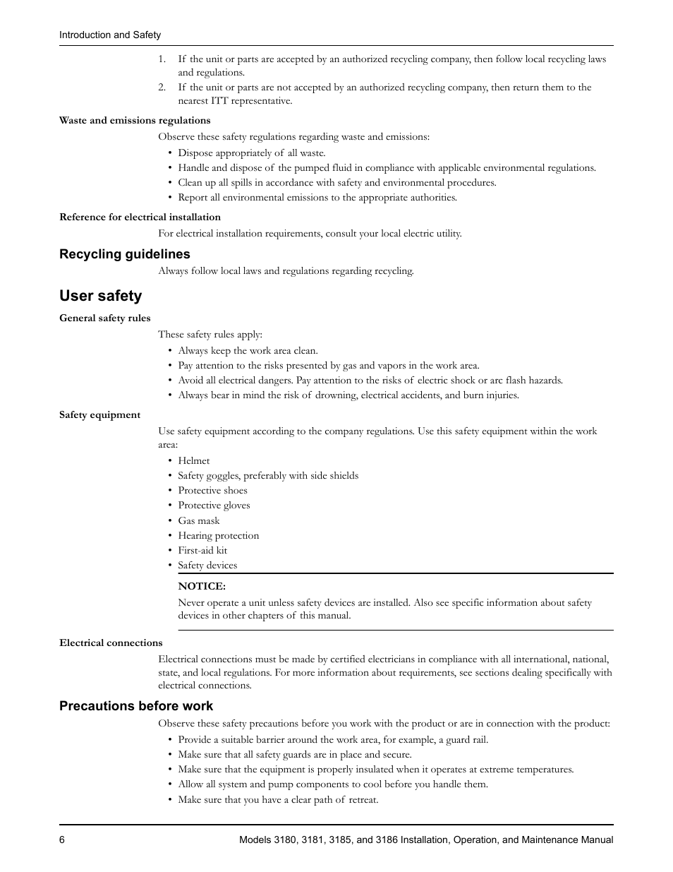 Recycling guidelines, User safety, Precautions before work | Goulds Pumps 3180-86 - IOM User Manual | Page 8 / 158