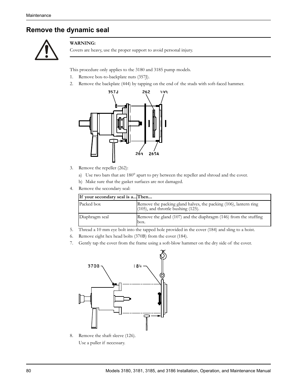 Remove the dynamic seal, Emove the dynamic seal | Goulds Pumps 3180-86 - IOM User Manual | Page 82 / 158