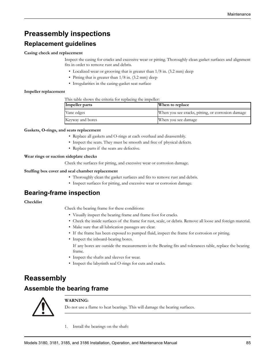 Preassembly inspections, Replacement guidelines, Bearing-frame inspection | Reassembly, Assemble the bearing frame, Placement guidelines bearing-frame inspection, Eassembly | Goulds Pumps 3180-86 - IOM User Manual | Page 87 / 158