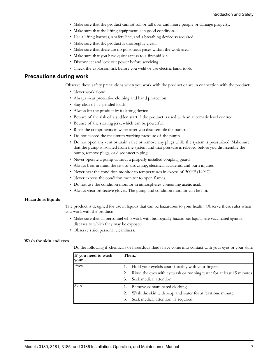 Precautions during work, Hazardous liquids, Wash the skin and eyes | Goulds Pumps 3180-86 - IOM User Manual | Page 9 / 158