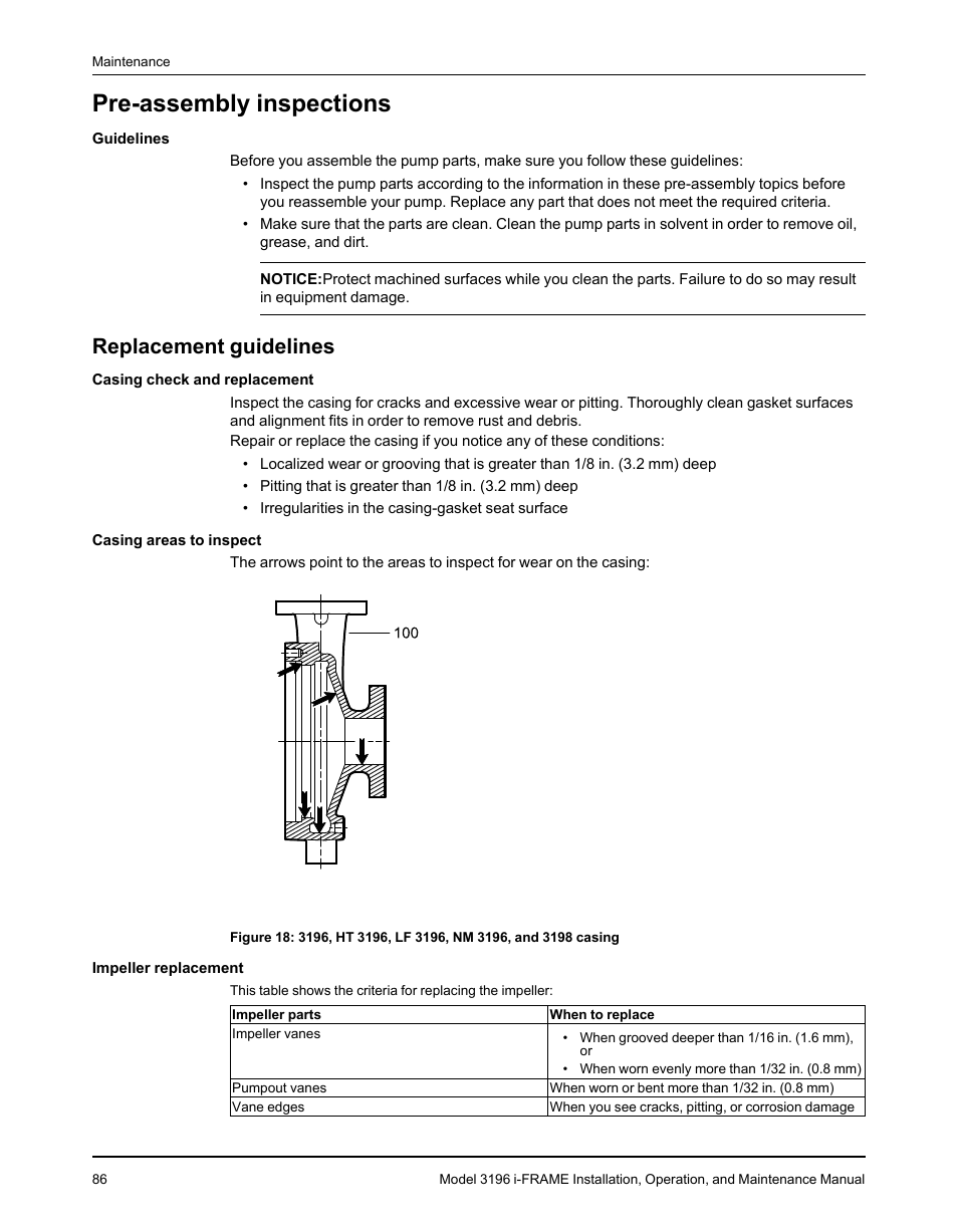 Pre-assembly inspections, Replacement guidelines | Goulds Pumps 3196 i-FRAME - IOM User Manual | Page 88 / 152