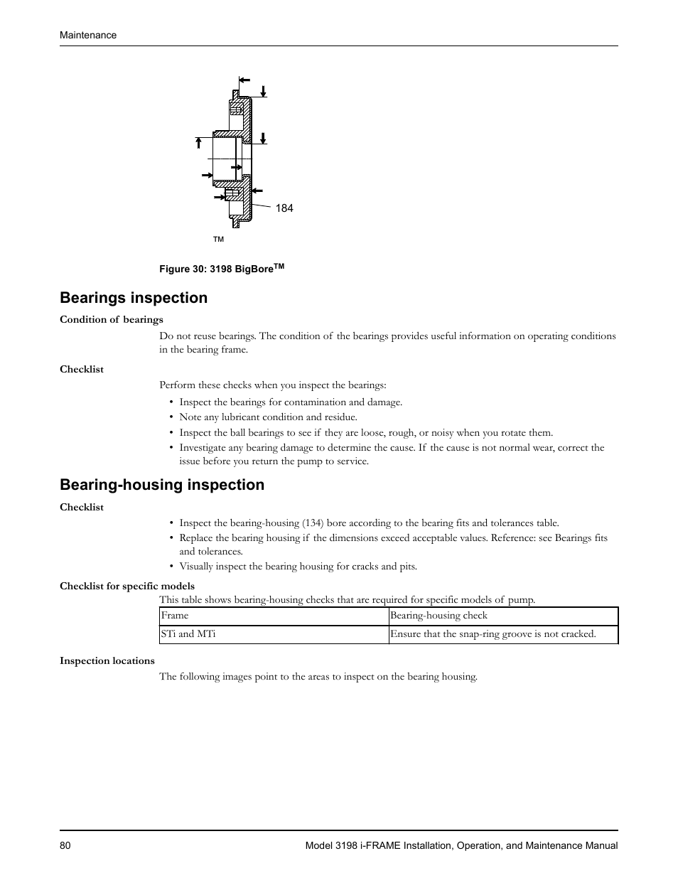 Bearings inspection, Bearing-housing inspection, Bearings inspection bearing-housing inspection | Goulds Pumps 3198 i-FRAME - IOM User Manual | Page 82 / 126