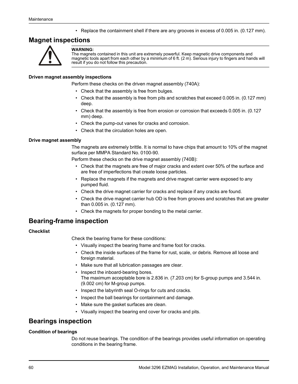 Magnet inspections, Bearing-frame inspection, Bearings inspection | Goulds Pumps 3296 EZMAG - IOM User Manual | Page 62 / 96