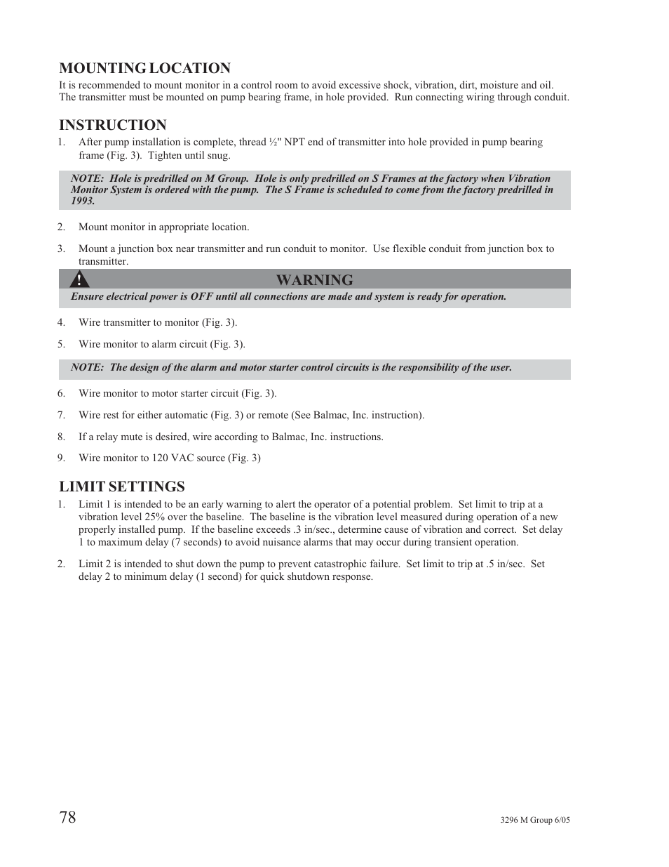 Mounting location, Instruction, Warning | Limit settings | Goulds Pumps 3296M - IOM User Manual | Page 82 / 92