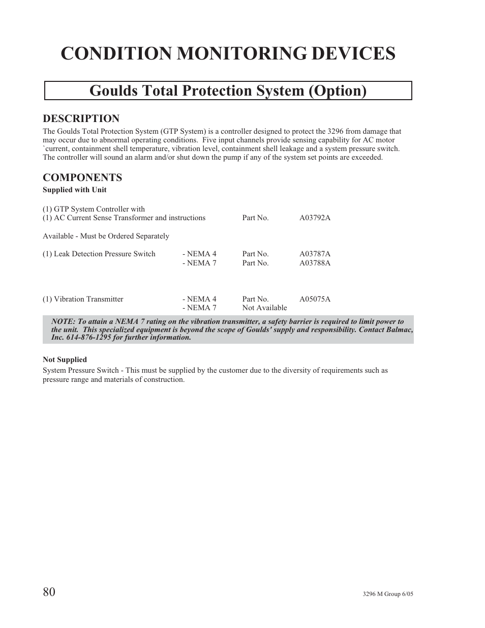 Condition monitoring devices, Goulds total protection system (option), Description | Components | Goulds Pumps 3296M - IOM User Manual | Page 84 / 92