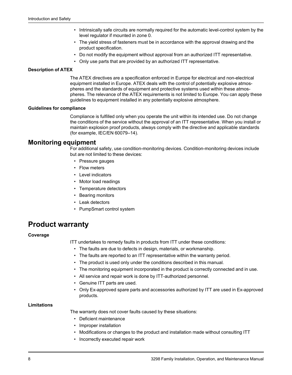 Monitoring equipment, Product warranty | Goulds Pumps 3298 - IOM User Manual | Page 10 / 120