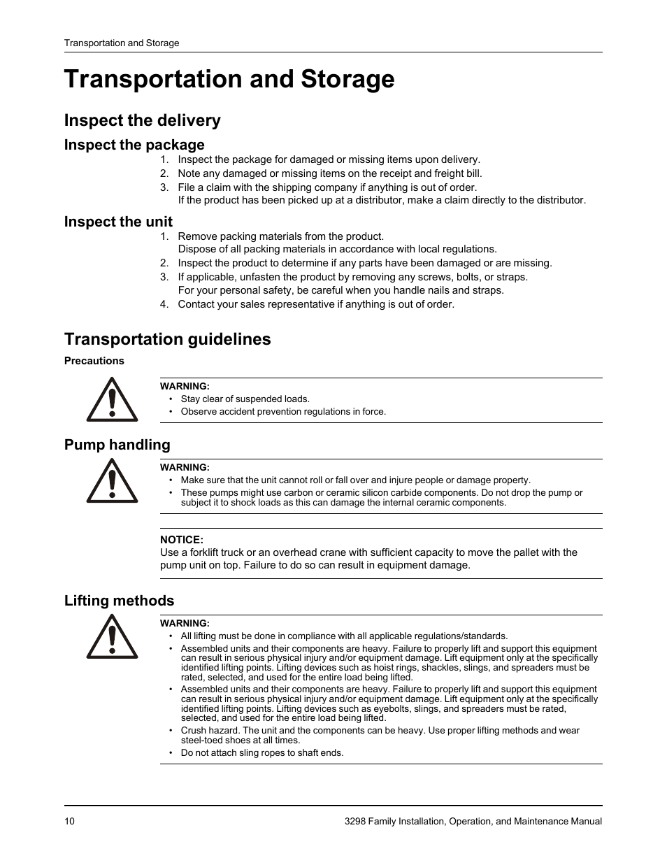 Transportation and storage, Inspect the delivery, Inspect the package | Inspect the unit, Transportation guidelines, Pump handling, Lifting methods, Inspect the package inspect the unit, Pump handling lifting methods | Goulds Pumps 3298 - IOM User Manual | Page 12 / 120