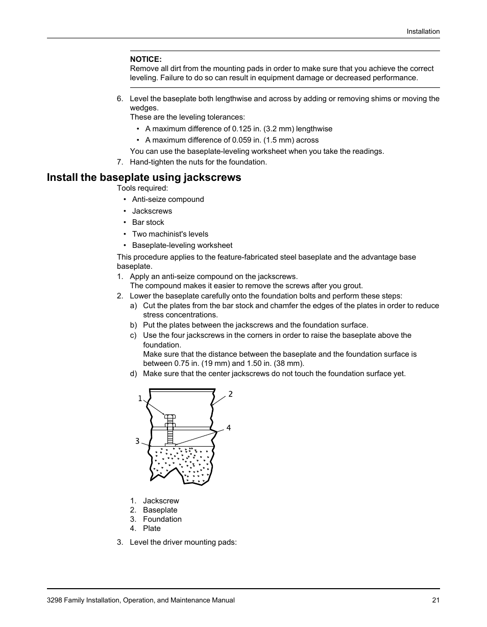 Install the baseplate using jackscrews | Goulds Pumps 3298 - IOM User Manual | Page 23 / 120