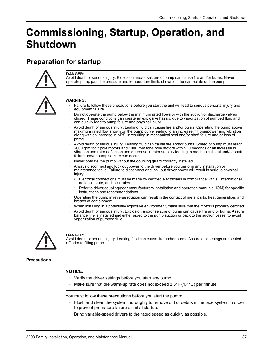 Commissioning, startup, operation, and shutdown, Preparation for startup | Goulds Pumps 3298 - IOM User Manual | Page 39 / 120