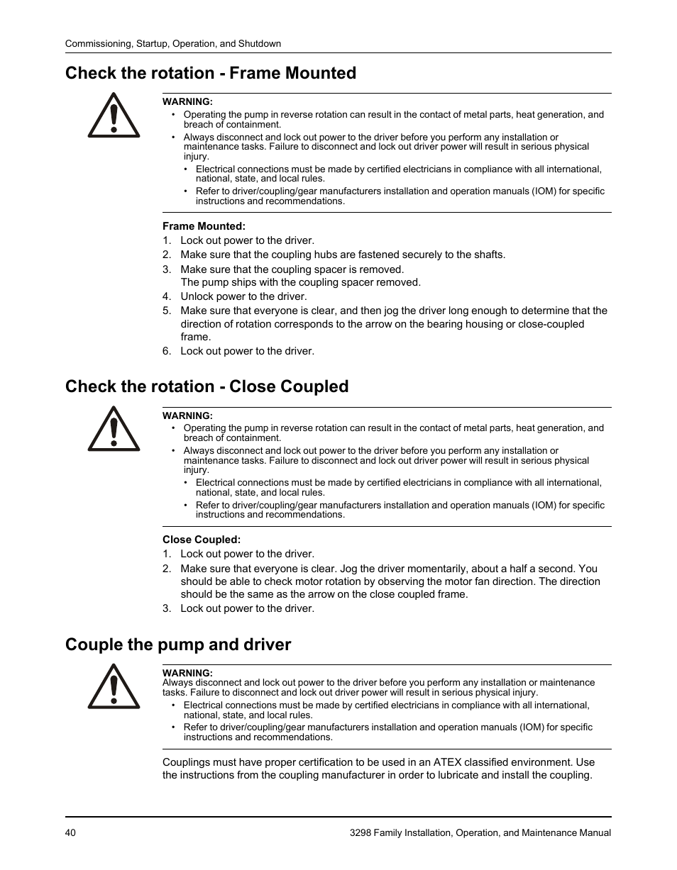 Check the rotation - frame mounted, Check the rotation - close coupled, Couple the pump and driver | Goulds Pumps 3298 - IOM User Manual | Page 42 / 120