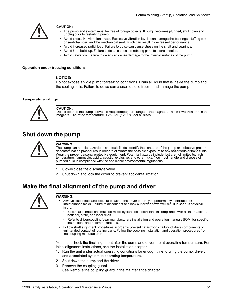 Shut down the pump, Make the final alignment of the pump and driver | Goulds Pumps 3298 - IOM User Manual | Page 53 / 120