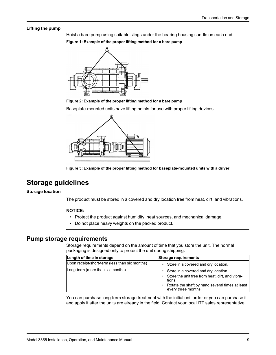 Storage guidelines, Pump storage requirements | Goulds Pumps 3355 - IOM User Manual | Page 11 / 66