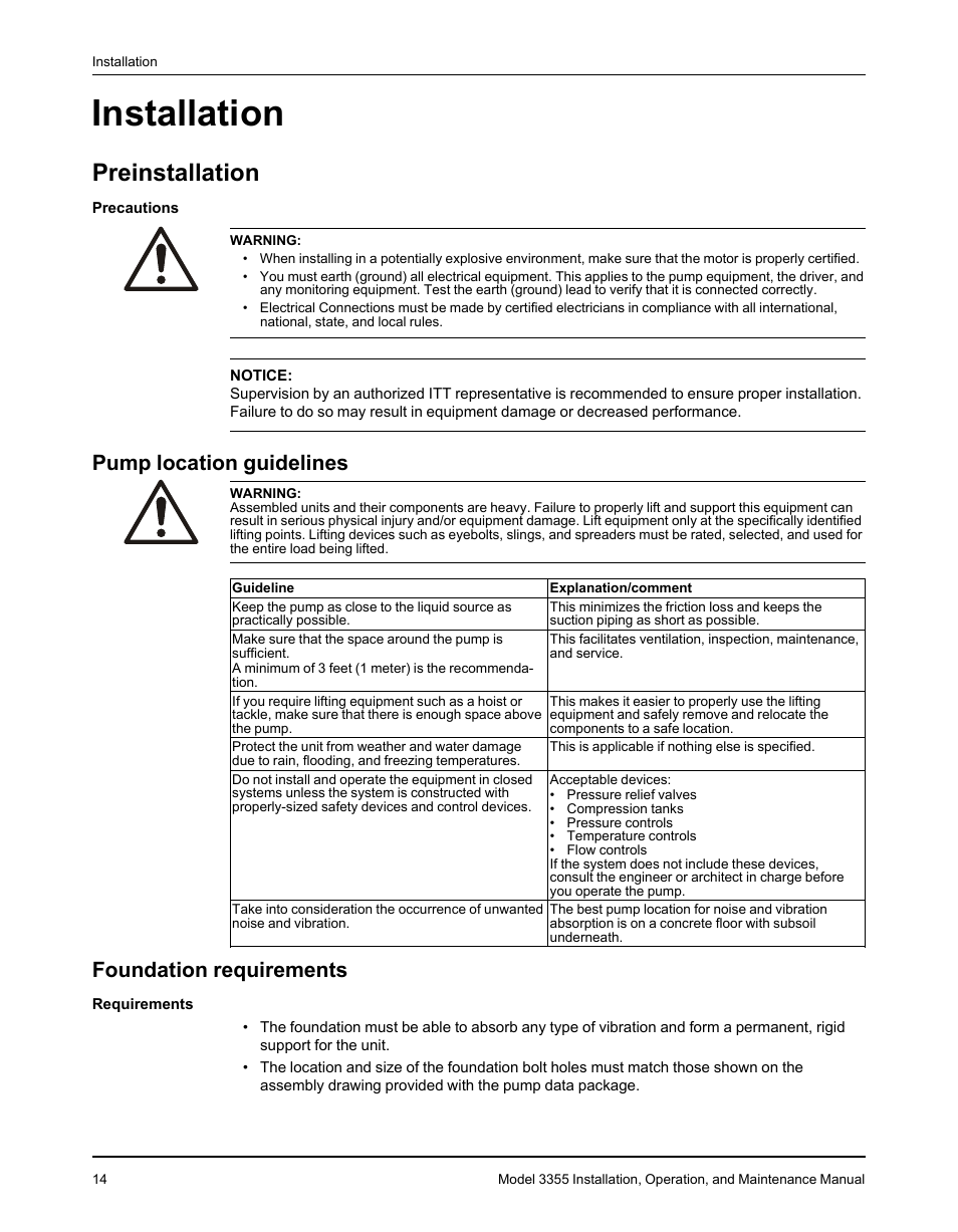 Installation, Preinstallation, Pump location guidelines | Foundation requirements, Pump location guidelines foundation requirements | Goulds Pumps 3355 - IOM User Manual | Page 16 / 66