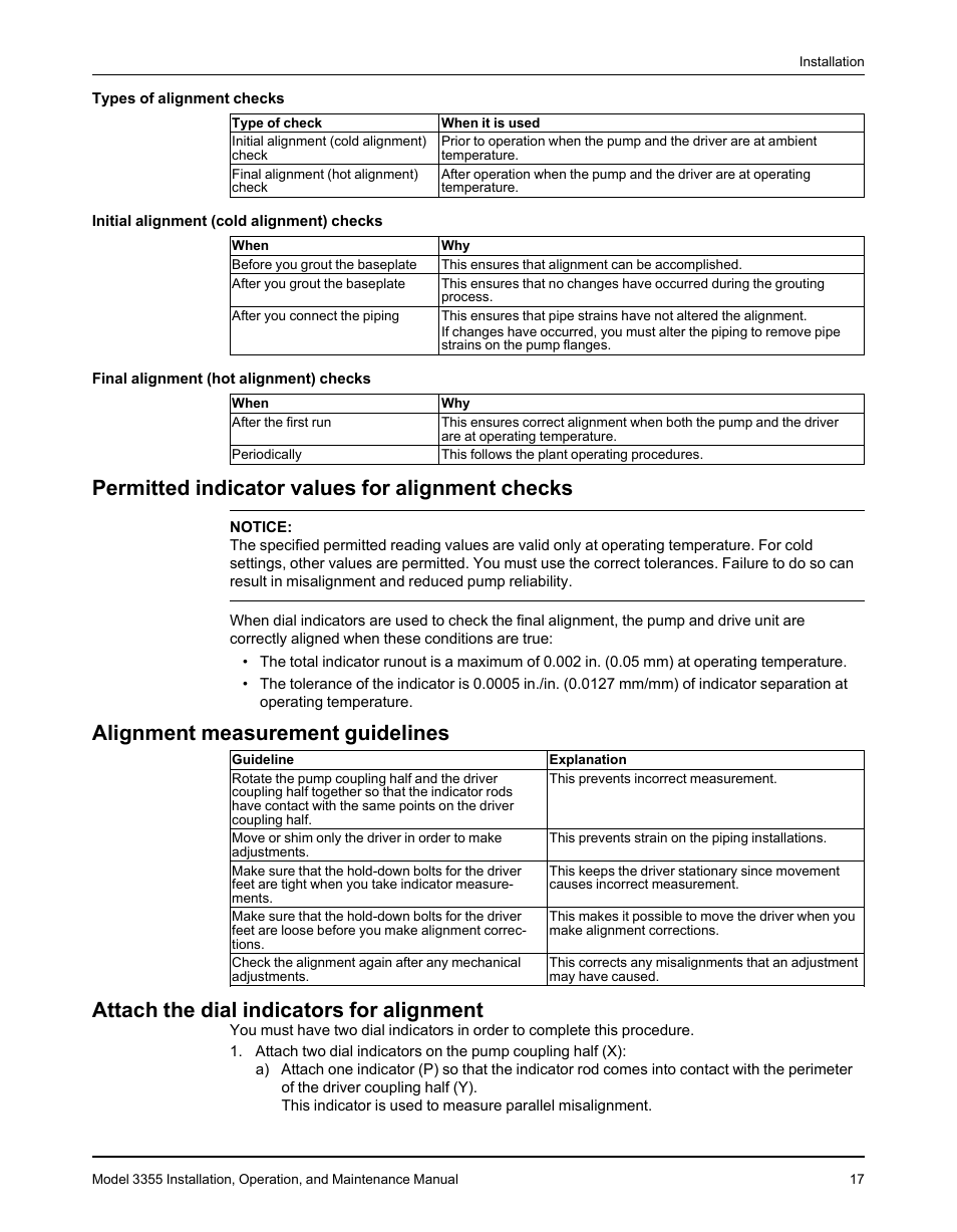 Permitted indicator values for alignment checks, Alignment measurement guidelines, Attach the dial indicators for alignment | Goulds Pumps 3355 - IOM User Manual | Page 19 / 66