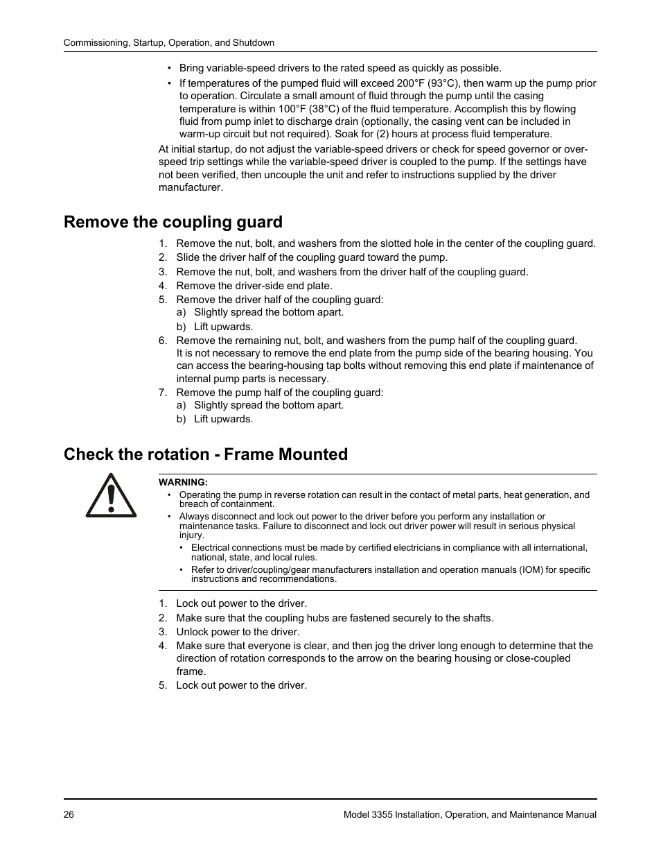 Remove the coupling guard, Check the rotation - frame mounted | Goulds Pumps 3355 - IOM User Manual | Page 28 / 66