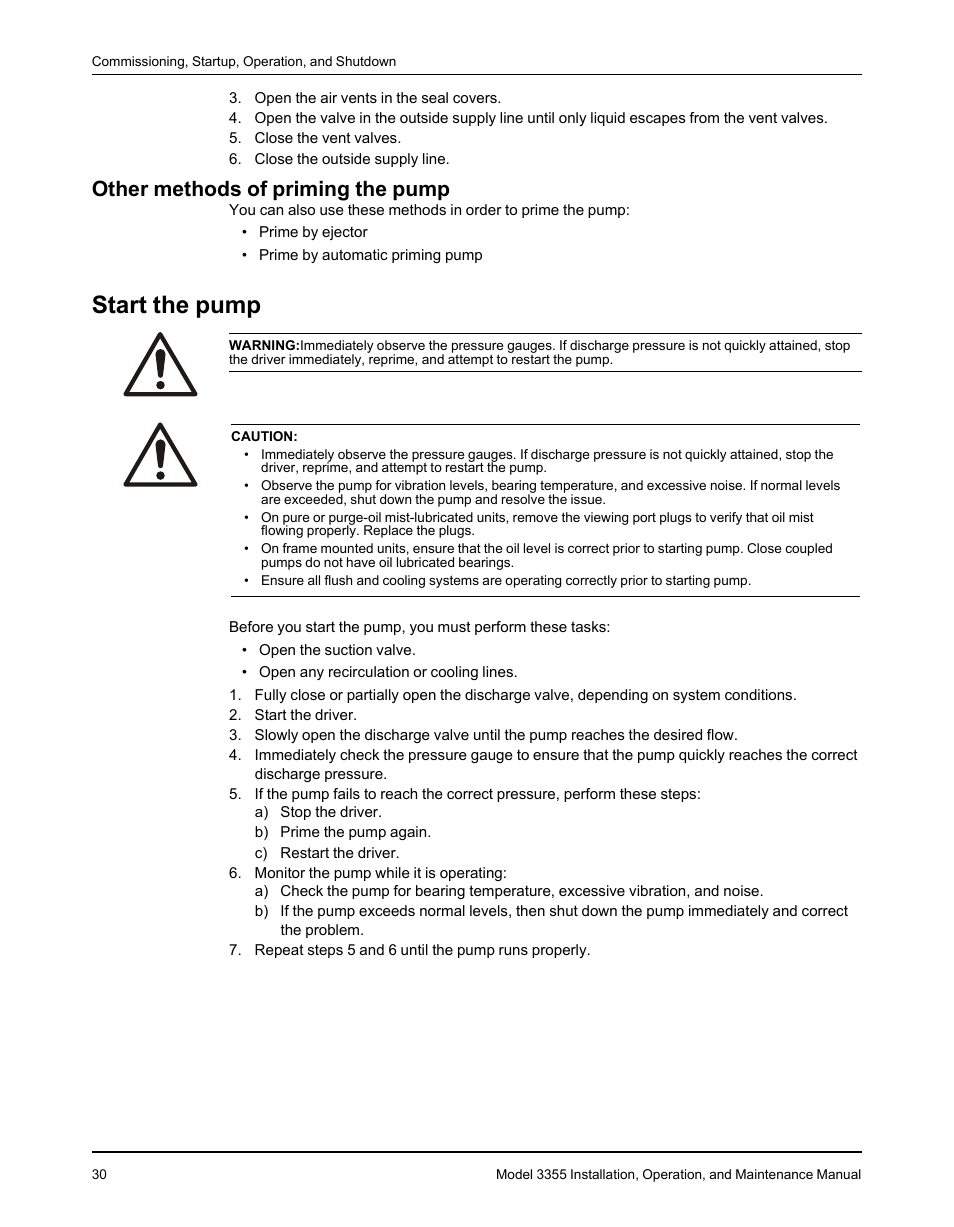 Other methods of priming the pump, Start the pump | Goulds Pumps 3355 - IOM User Manual | Page 32 / 66
