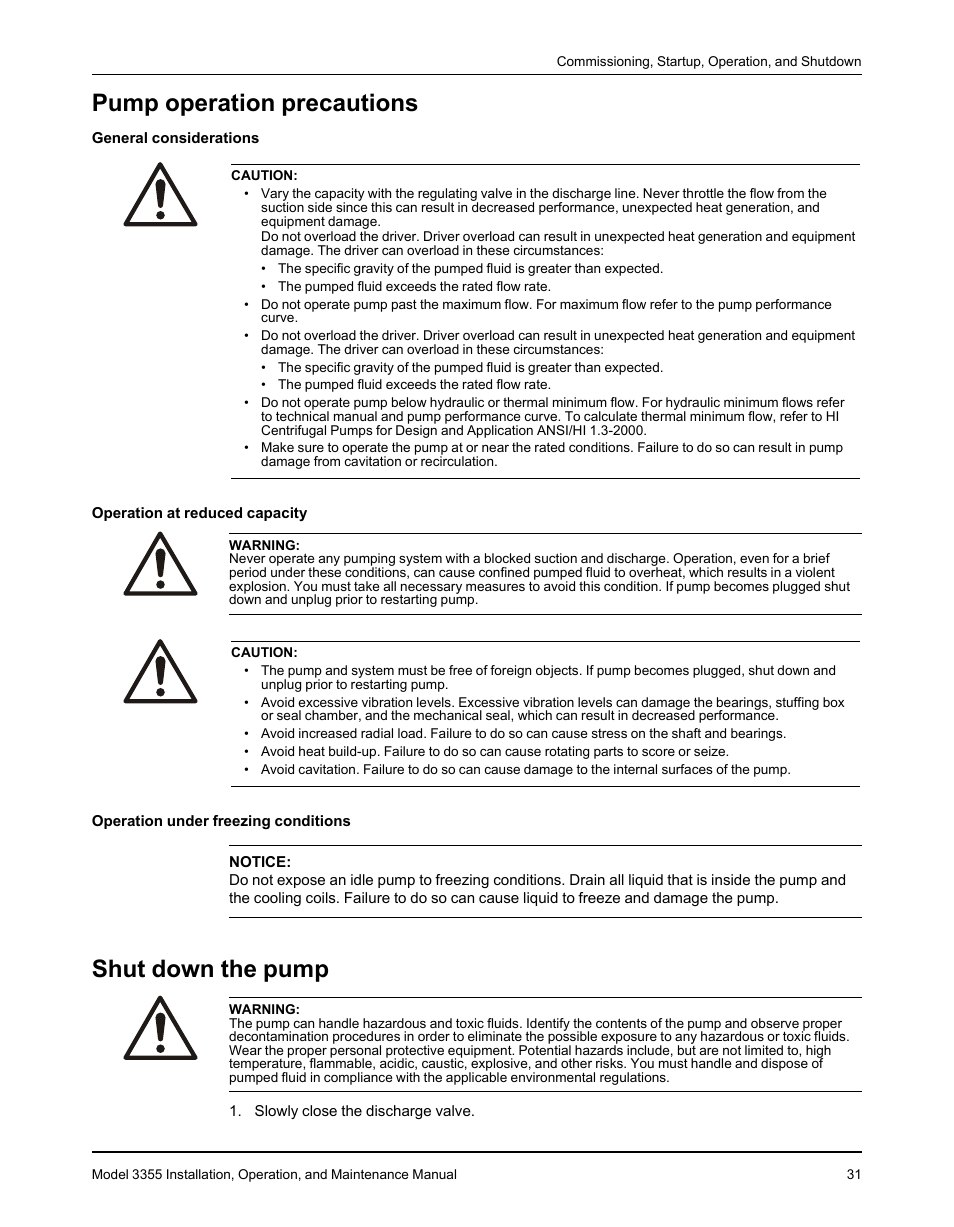 Pump operation precautions, Shut down the pump, Pump operation precautions shut down the pump | Goulds Pumps 3355 - IOM User Manual | Page 33 / 66
