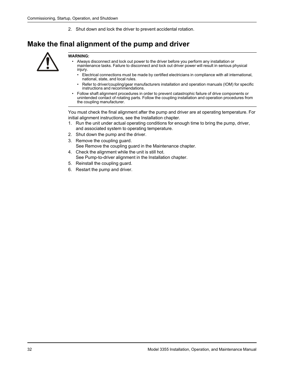 Make the final alignment of the pump and driver | Goulds Pumps 3355 - IOM User Manual | Page 34 / 66