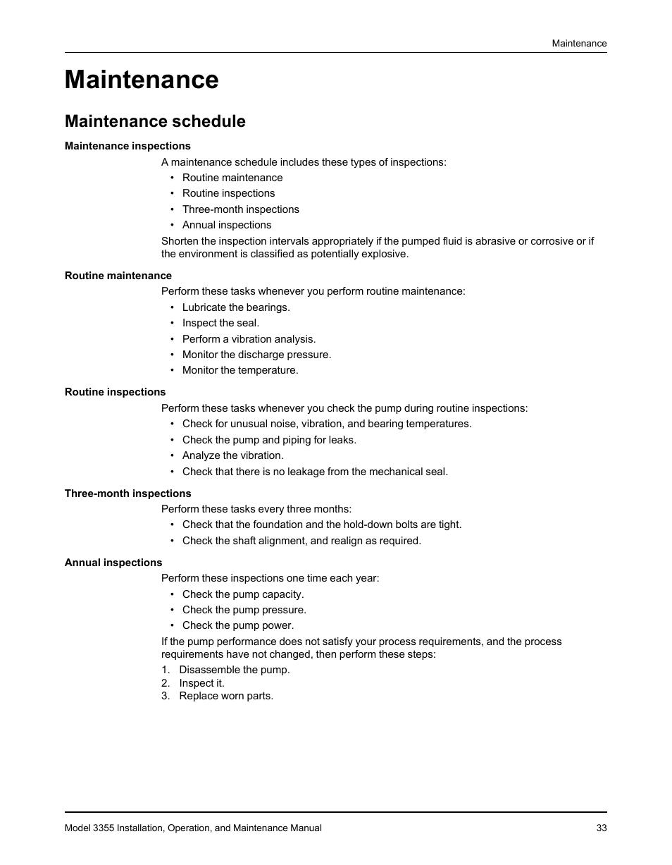 Maintenance, Maintenance schedule | Goulds Pumps 3355 - IOM User Manual | Page 35 / 66