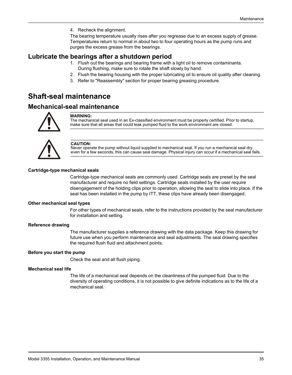 Lubricate the bearings after a shutdown period, Shaft-seal maintenance, Mechanical-seal maintenance | Goulds Pumps 3355 - IOM User Manual | Page 37 / 66