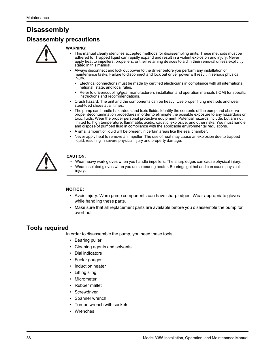 Disassembly, Disassembly precautions, Tools required | Disassembly precautions tools required | Goulds Pumps 3355 - IOM User Manual | Page 38 / 66