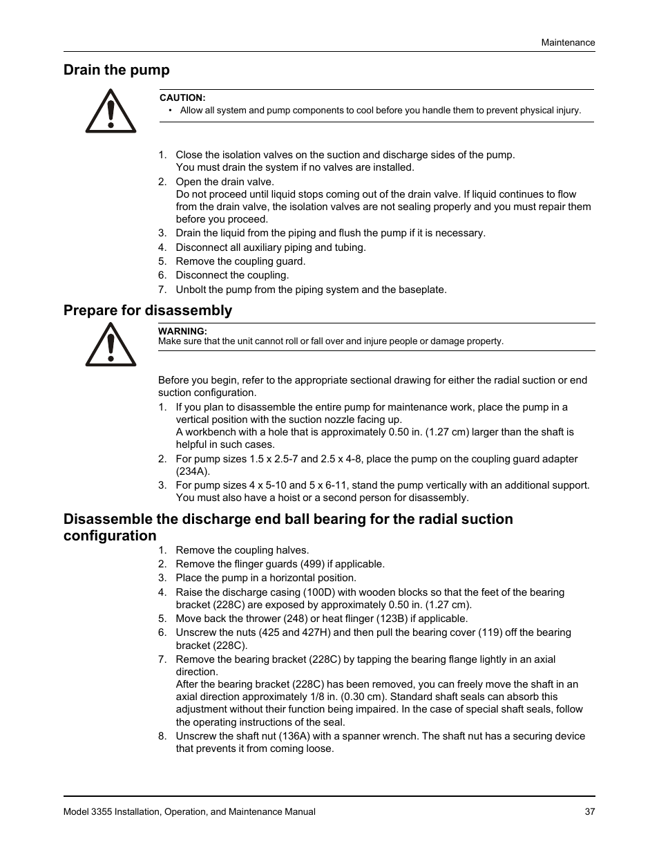 Drain the pump, Prepare for disassembly | Goulds Pumps 3355 - IOM User Manual | Page 39 / 66