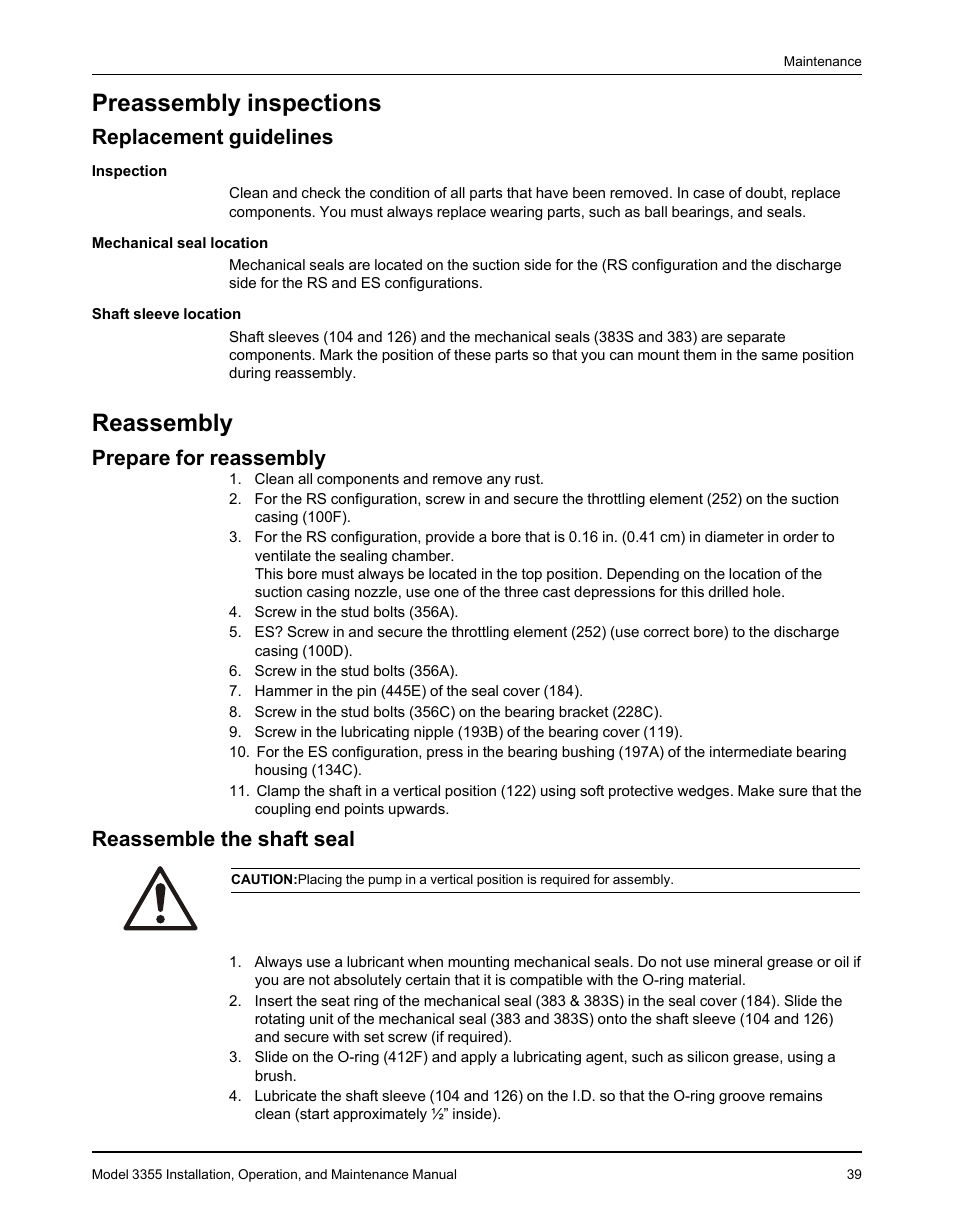 Preassembly inspections, Replacement guidelines, Reassembly | Prepare for reassembly, Reassemble the shaft seal, Prepare for reassembly reassemble the shaft seal | Goulds Pumps 3355 - IOM User Manual | Page 41 / 66
