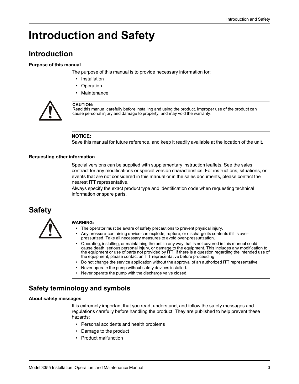 Introduction and safety, Introduction, Safety | Safety terminology and symbols, Introduction safety | Goulds Pumps 3355 - IOM User Manual | Page 5 / 66