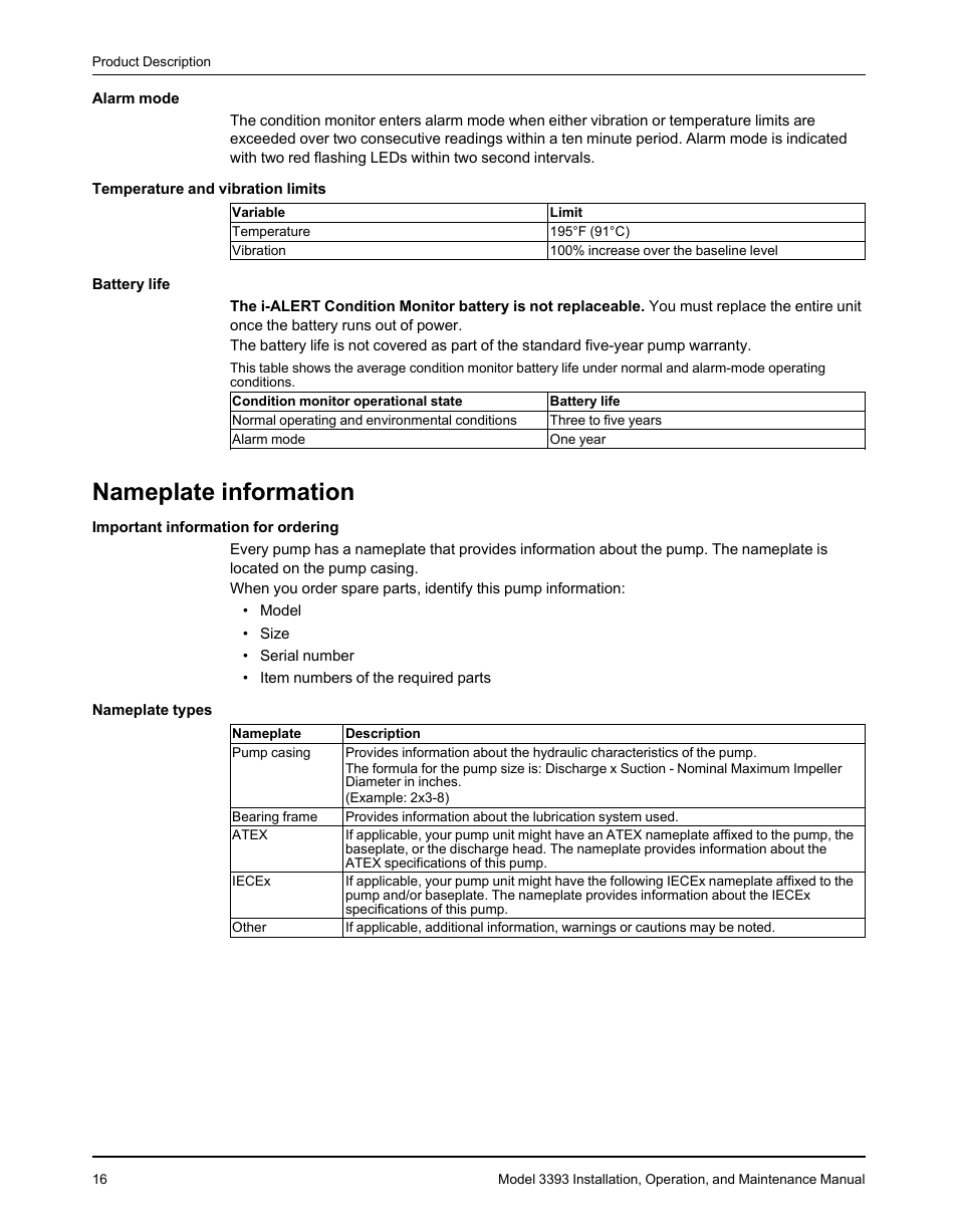 Nameplate information | Goulds Pumps 3393 - IOM User Manual | Page 18 / 124