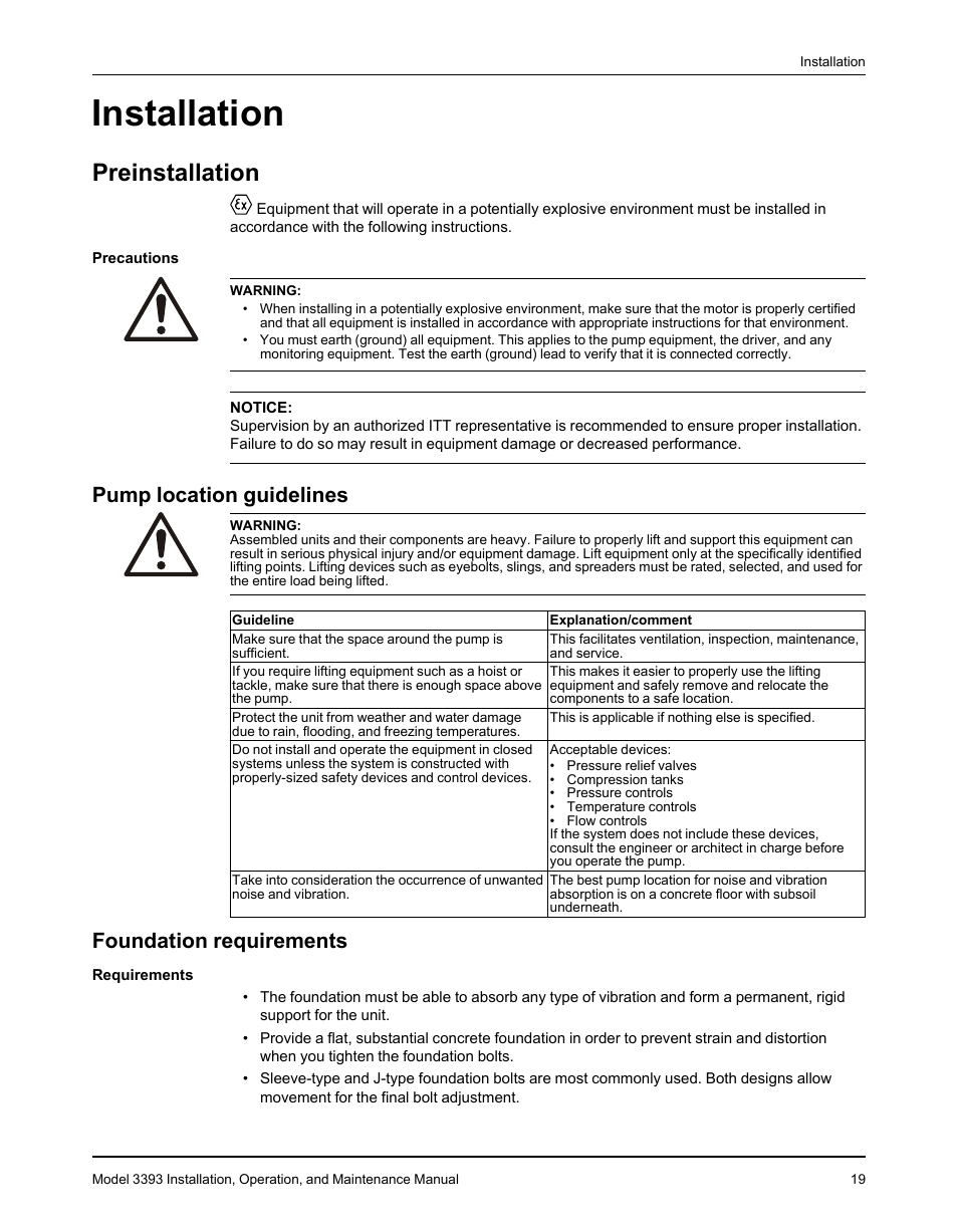 Installation, Preinstallation, Pump location guidelines | Foundation requirements, Pump location guidelines foundation requirements | Goulds Pumps 3393 - IOM User Manual | Page 21 / 124