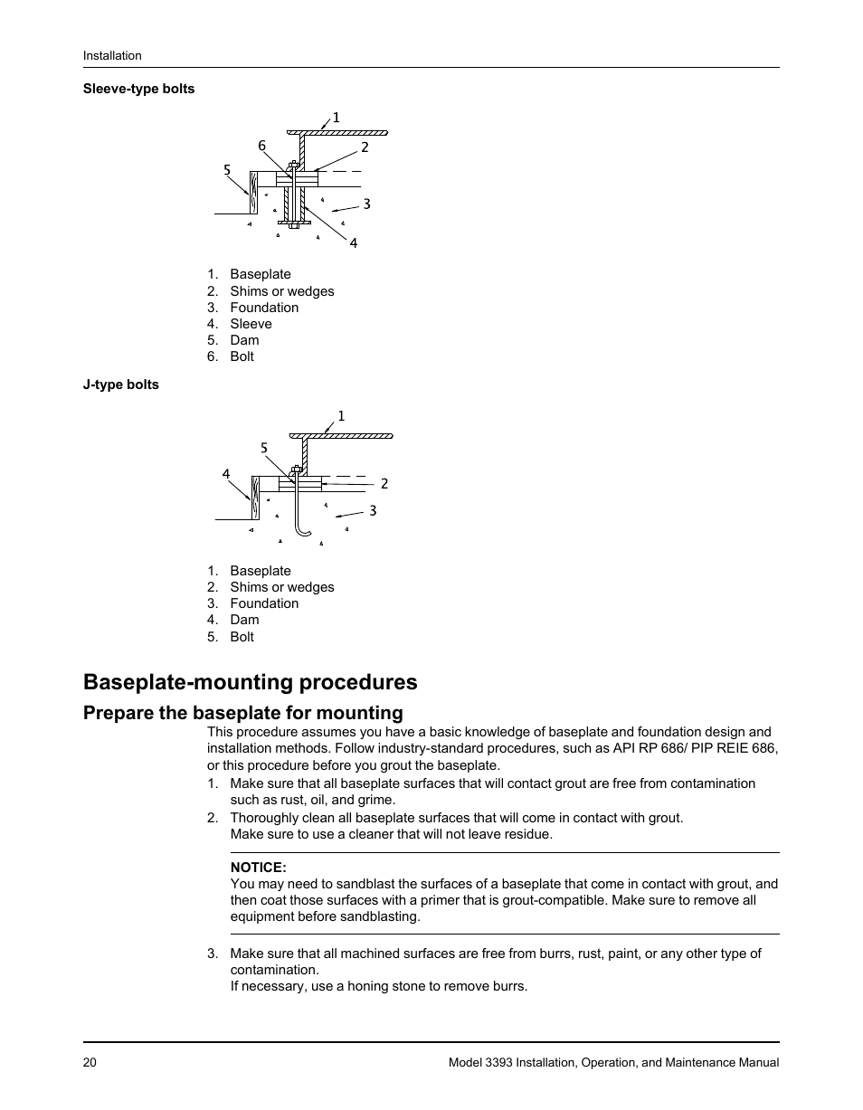 Baseplate-mounting procedures, Prepare the baseplate for mounting | Goulds Pumps 3393 - IOM User Manual | Page 22 / 124