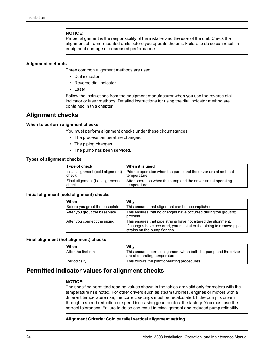 Alignment checks, Permitted indicator values for alignment checks | Goulds Pumps 3393 - IOM User Manual | Page 26 / 124