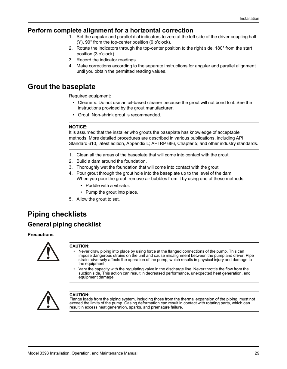 Grout the baseplate, Piping checklists, General piping checklist | Grout the baseplate piping checklists | Goulds Pumps 3393 - IOM User Manual | Page 31 / 124