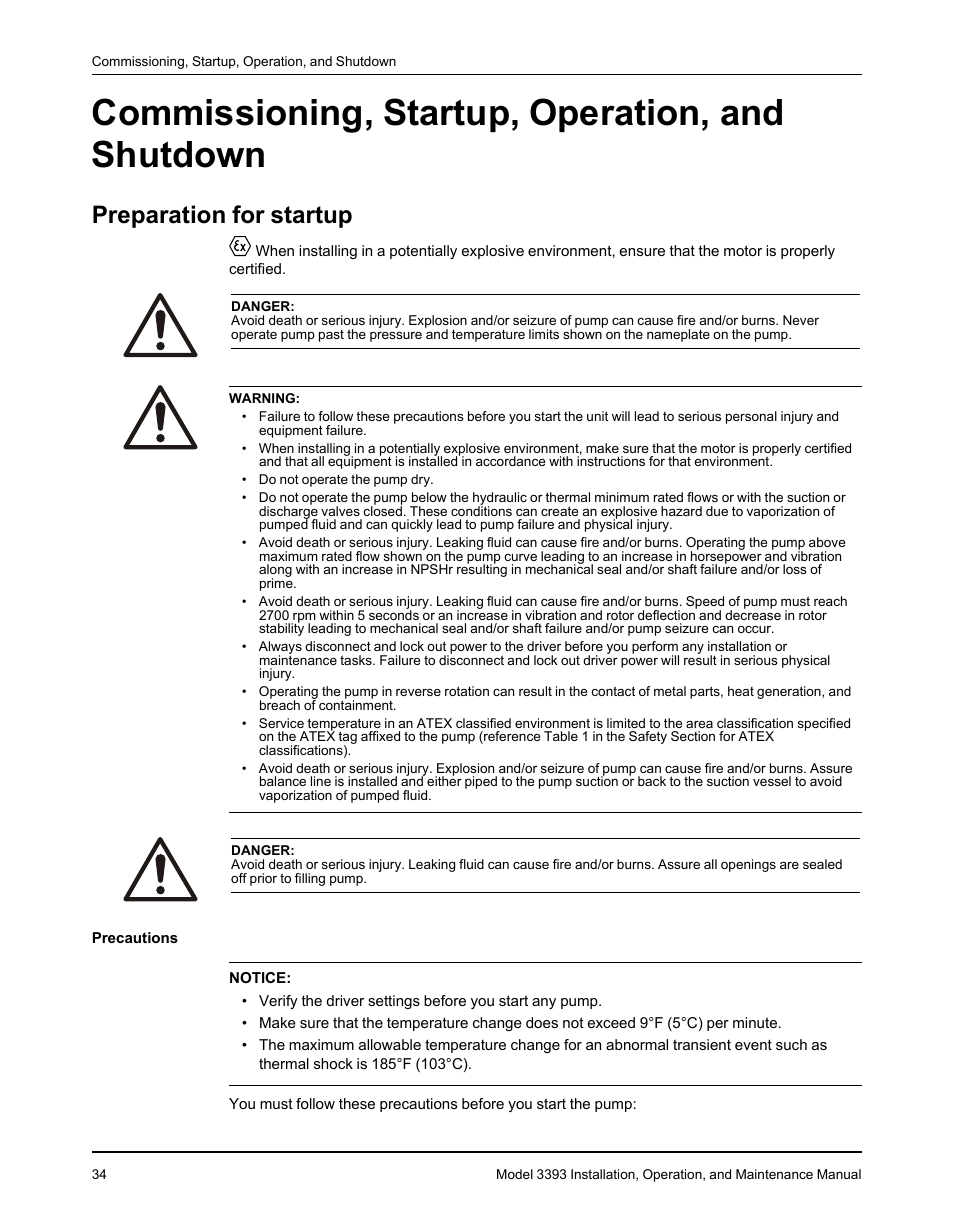 Commissioning, startup, operation, and shutdown, Preparation for startup | Goulds Pumps 3393 - IOM User Manual | Page 36 / 124