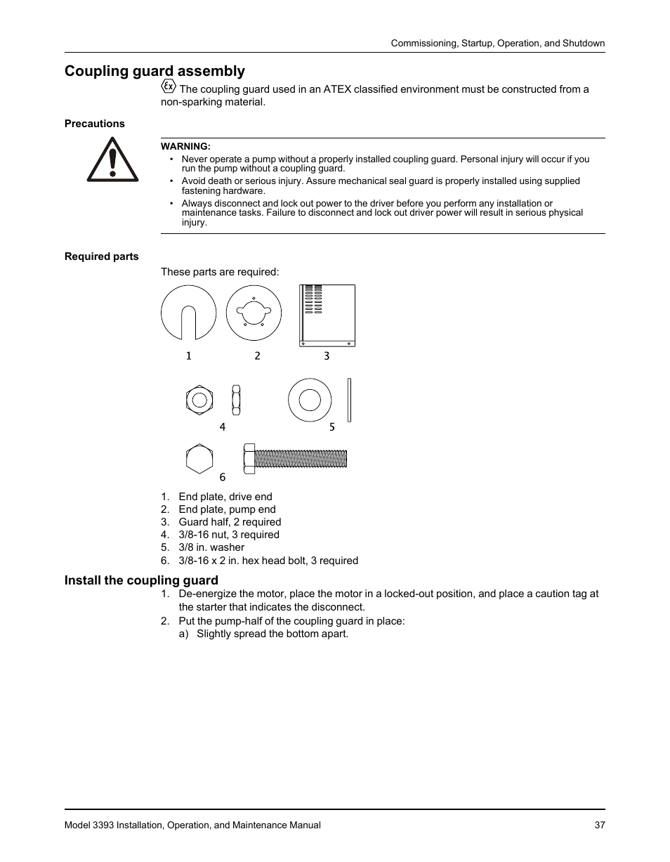 Coupling guard assembly, Install the coupling guard | Goulds Pumps 3393 - IOM User Manual | Page 39 / 124