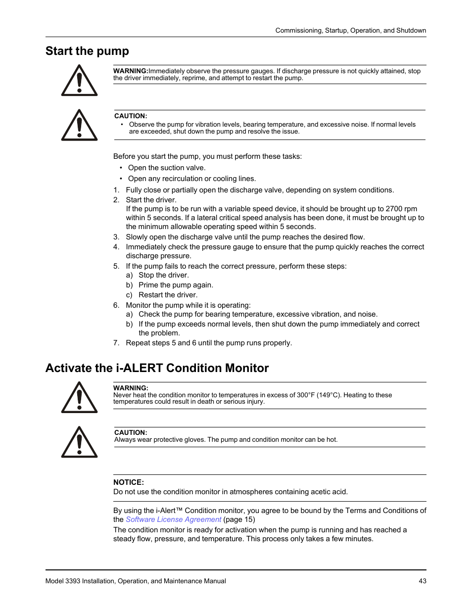 Start the pump, Activate the i-alert condition monitor | Goulds Pumps 3393 - IOM User Manual | Page 45 / 124