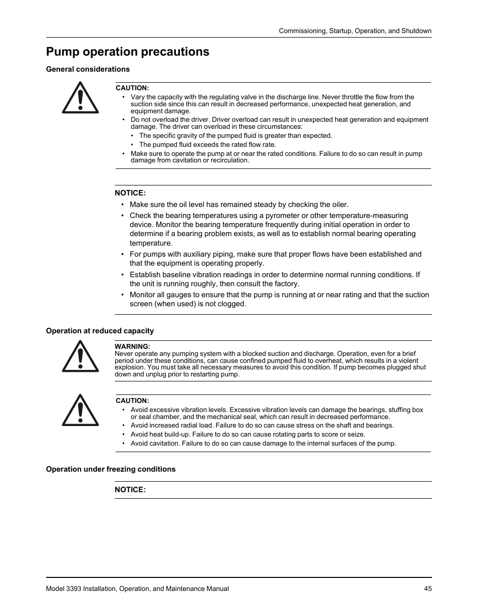 Pump operation precautions | Goulds Pumps 3393 - IOM User Manual | Page 47 / 124