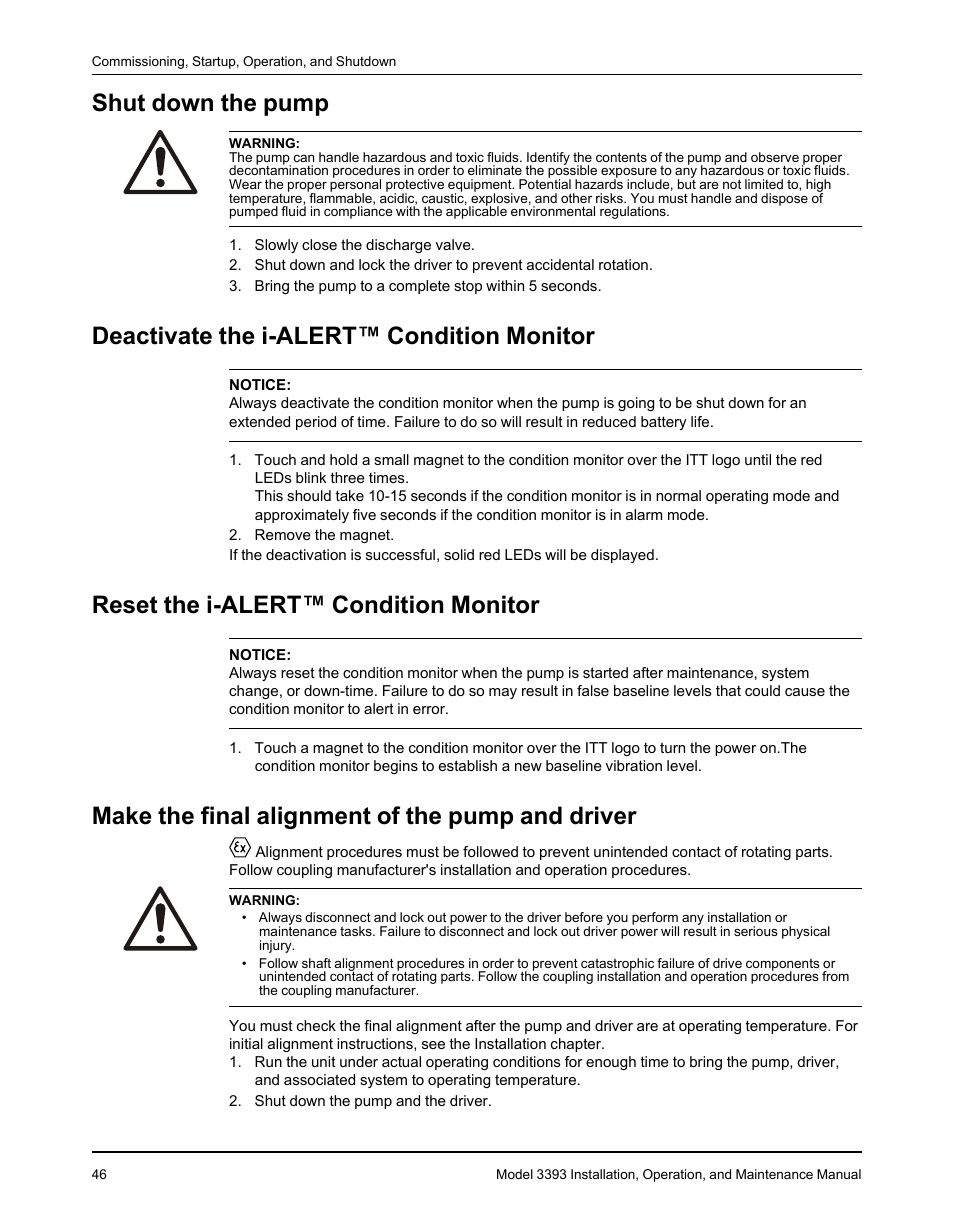 Shut down the pump, Deactivate the i-alert™ condition monitor, Reset the i-alert™ condition monitor | Make the final alignment of the pump and driver | Goulds Pumps 3393 - IOM User Manual | Page 48 / 124