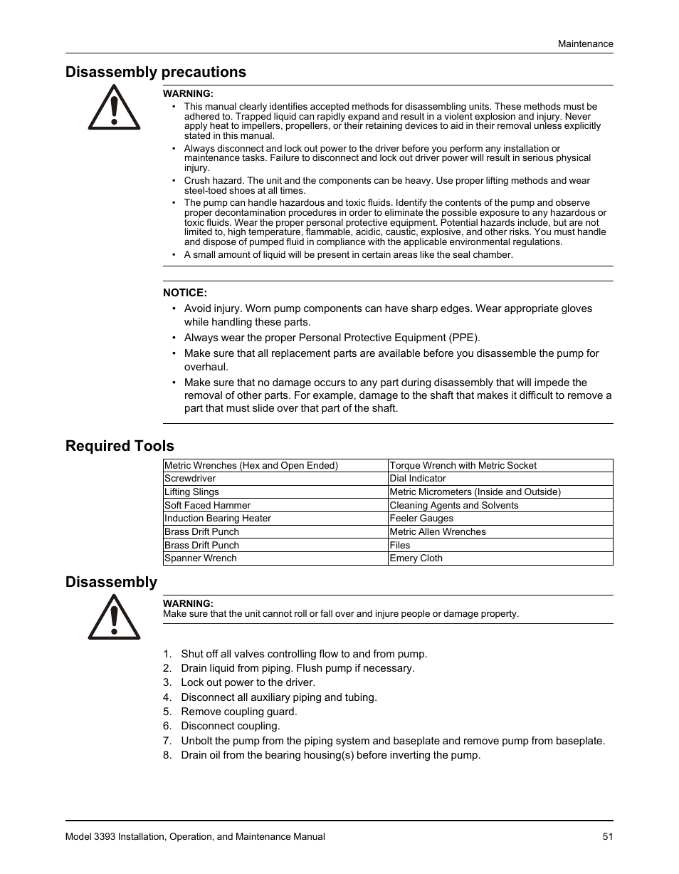 Disassembly precautions, Required tools, Disassembly | Disassembly precautions required tools disassembly | Goulds Pumps 3393 - IOM User Manual | Page 53 / 124