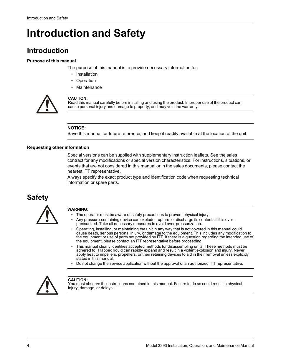 Introduction and safety, Introduction, Safety | Introduction safety | Goulds Pumps 3393 - IOM User Manual | Page 6 / 124