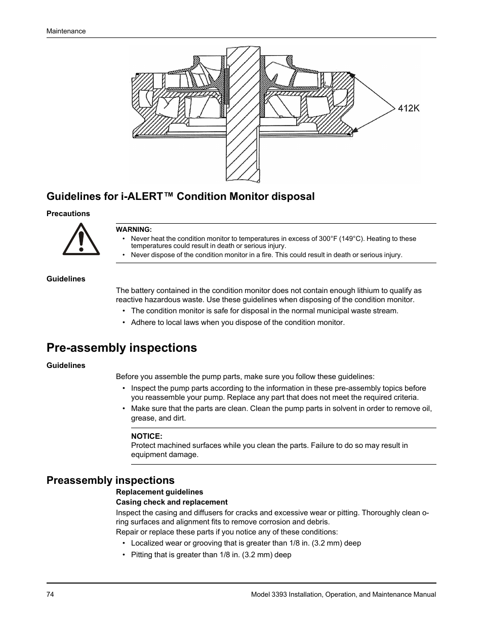 Guidelines for i-alert™ condition monitor disposal, Pre-assembly inspections, Preassembly inspections | Goulds Pumps 3393 - IOM User Manual | Page 76 / 124