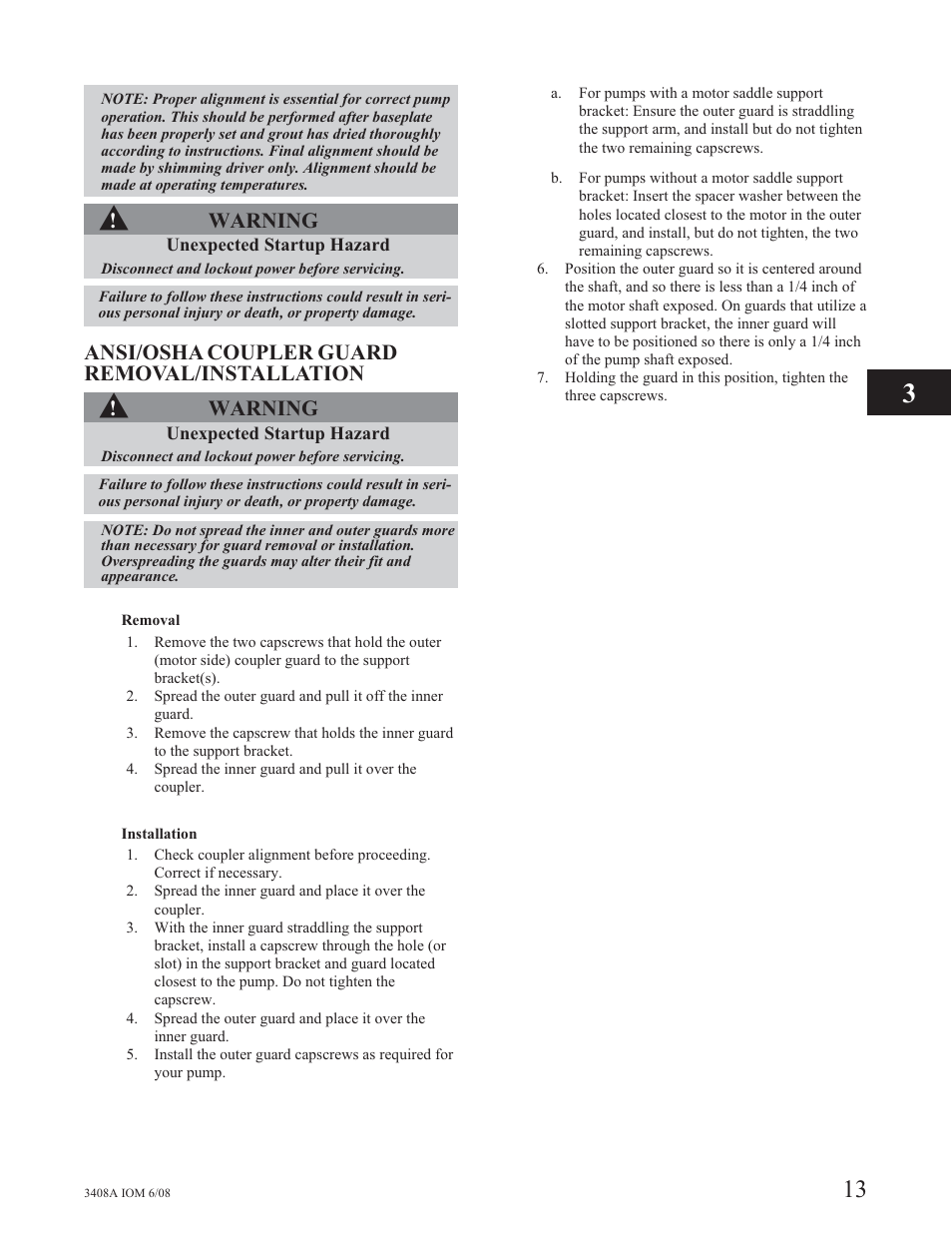 Warning, Ansi/osha coupler guard removal/installation | Goulds Pumps 3408A - IOM User Manual | Page 21 / 44