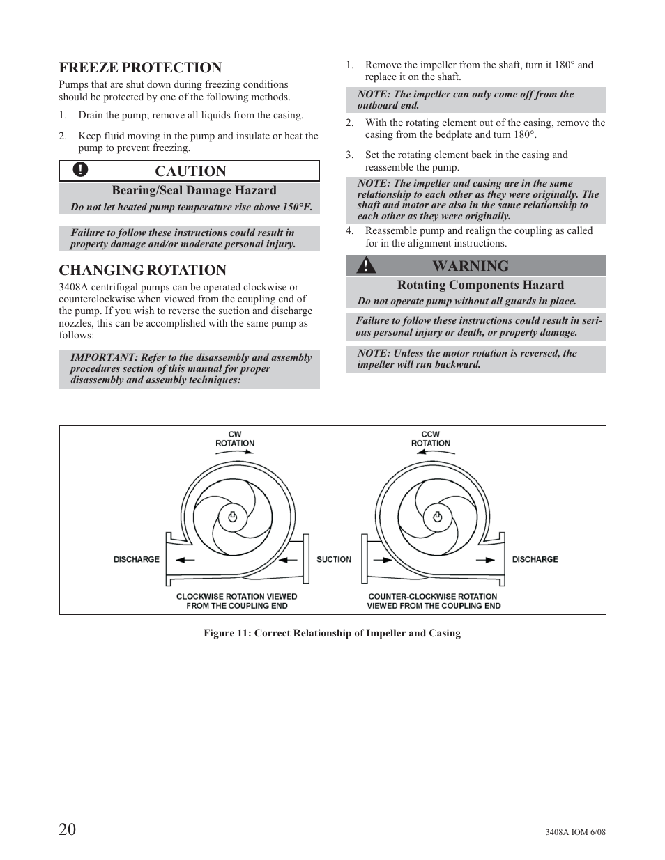 Freeze protection, Caution, Changing rotation | Warning | Goulds Pumps 3408A - IOM User Manual | Page 28 / 44