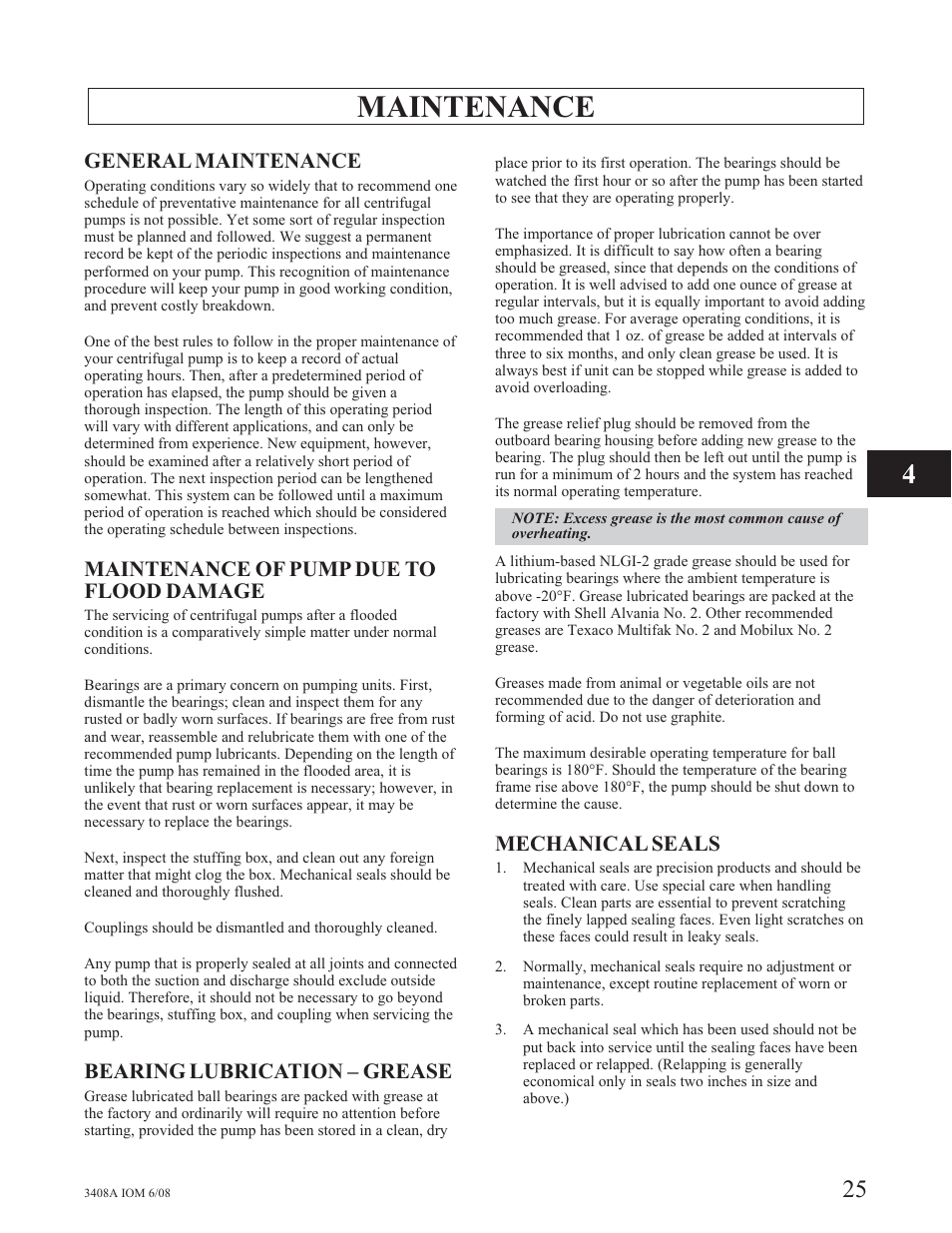 Maintenance, General maintenance, Maintenance of pump due to flood damage | Bearing lubrication – grease, Mechanical seals | Goulds Pumps 3408A - IOM User Manual | Page 33 / 44