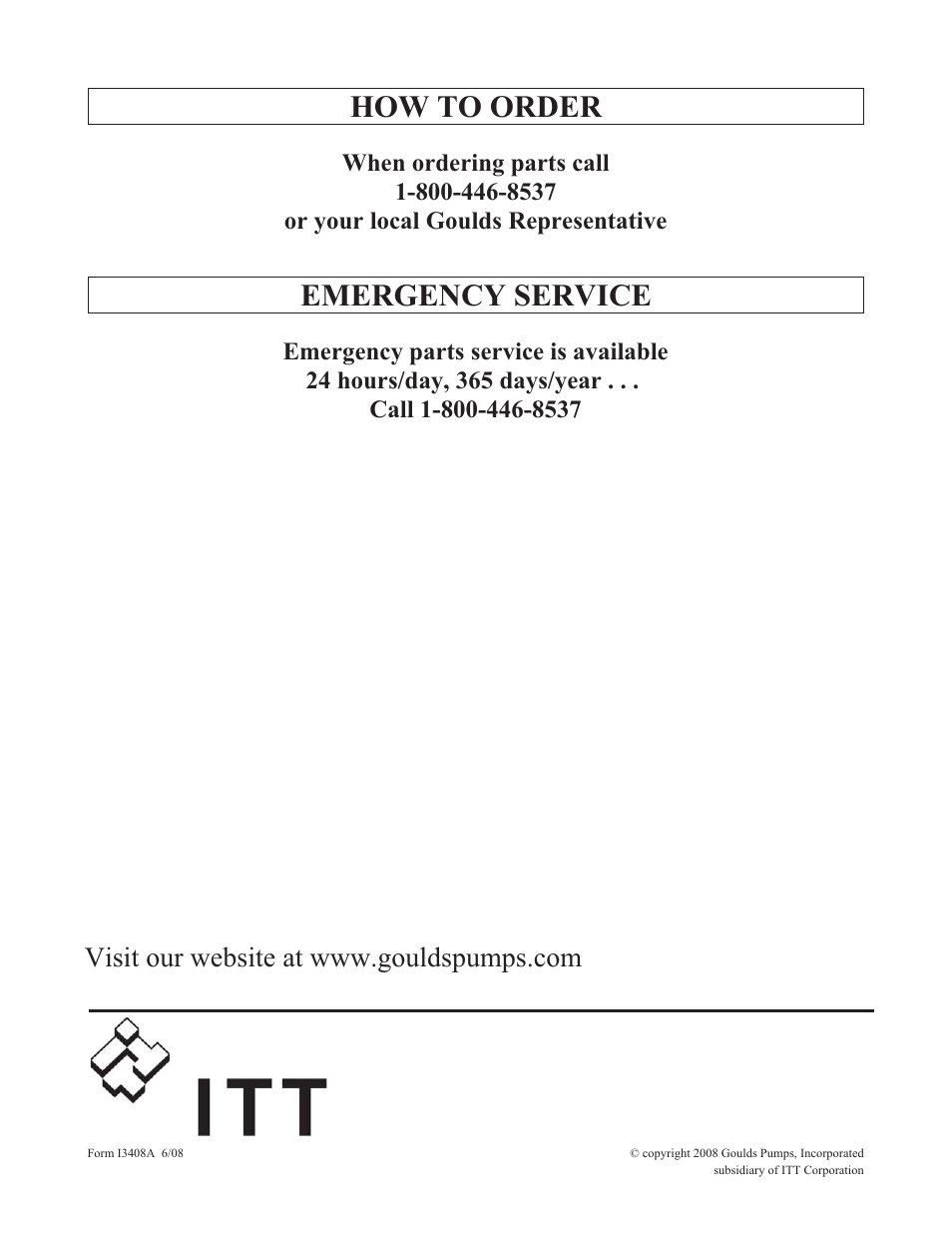 How to order, Emergency service | Goulds Pumps 3408A - IOM User Manual | Page 44 / 44