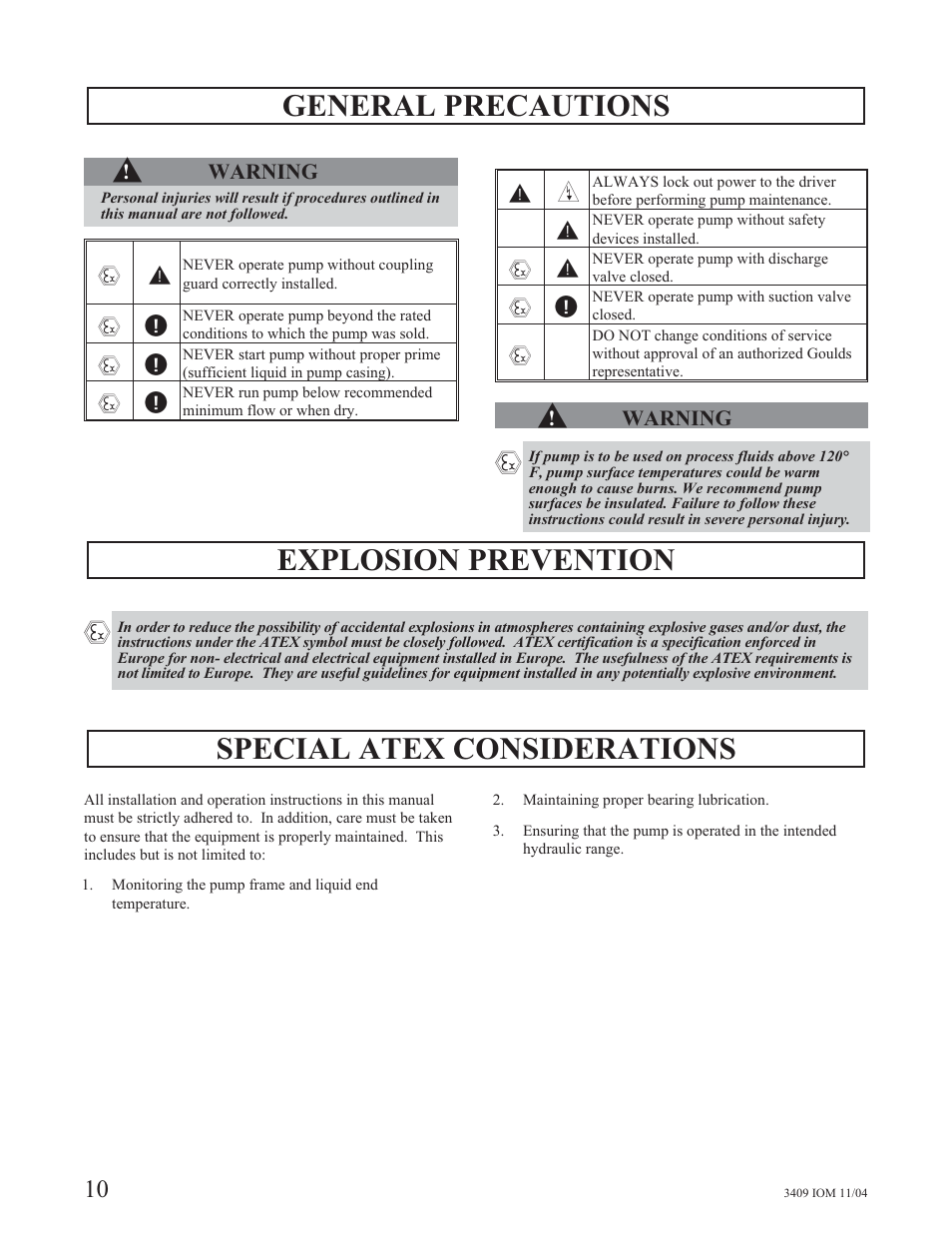General precautions s, Explosion prevention, Special atex considerations | Goulds Pumps 3409 - IOM User Manual | Page 10 / 68